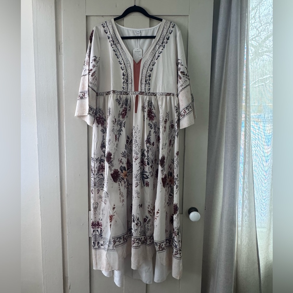 Boho Floral Maxi Dress NWT – Cream Maroon Print – Flowy Festival Dress – Size XL